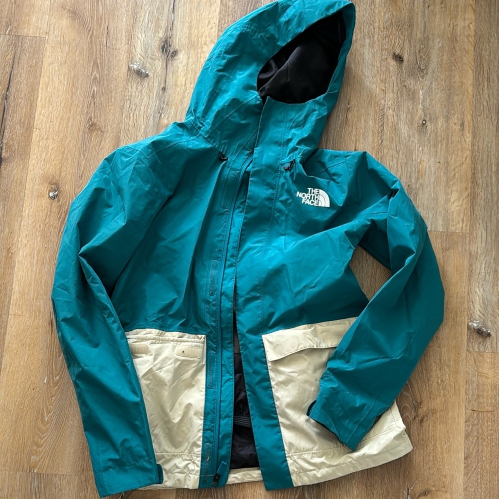 The North Face Teal and Beige Raincoat